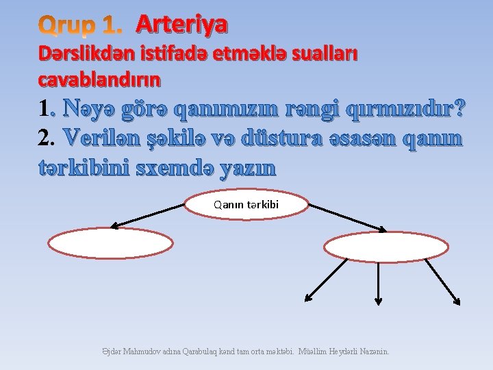 Arteriya Dərslikdən istifadə etməklə sualları cavablandırın 1. Nəyə görə qanımızın rəngi qırmızıdır? 2. Verilən