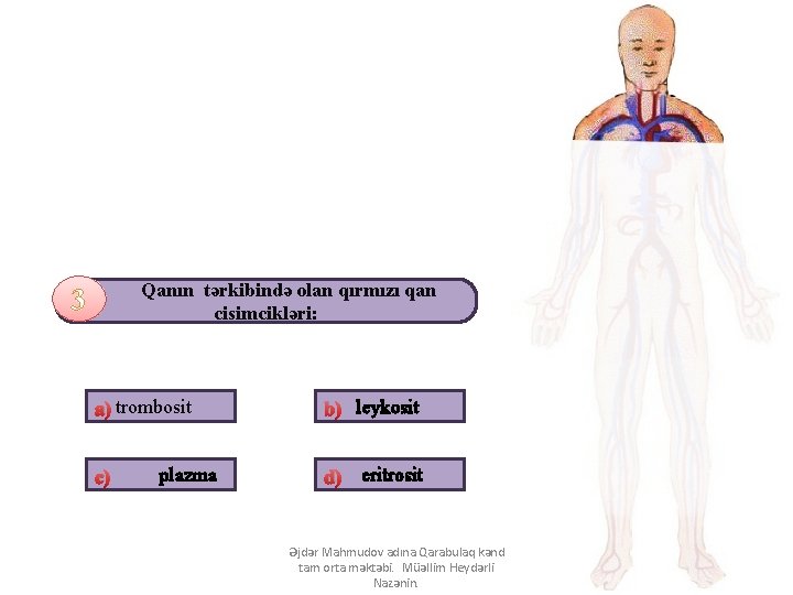 Qanın tərkibində olan qırmızı qan cisimcikləri: 3 a) trombosit c) plazma b) leykosit d)