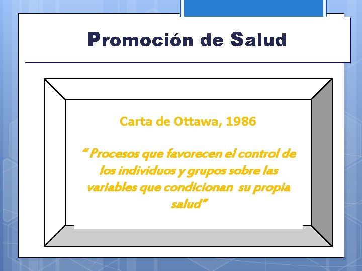 Promoción de Salud Carta de Ottawa, 1986 “ Procesos que favorecen el control de