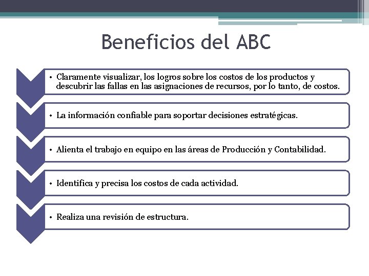 Beneficios del ABC • Claramente visualizar, los logros sobre los costos de los productos