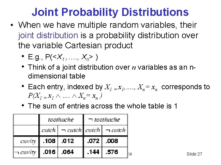 Joint Probability Distributions • When we have multiple random variables, their joint distribution is