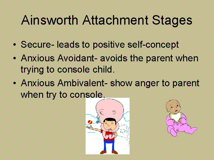 Ainsworth Attachment Stages • Secure- leads to positive self-concept • Anxious Avoidant- avoids the