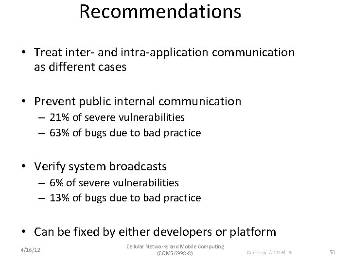 Recommendations • Treat inter- and intra-application communication as different cases • Prevent public internal