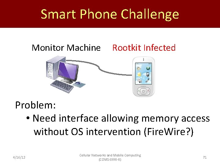 Smart Phone Challenge Monitor Machine Rootkit Infected Problem: • Need interface allowing memory access