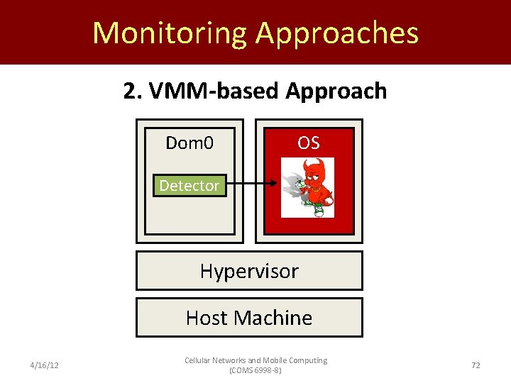 Monitoring Approaches 2. VMM-based Approach Dom 0 OS Detector Hypervisor Host Machine 4/16/12 Cellular