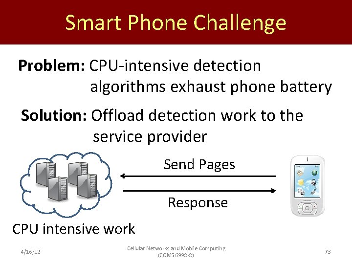 Smart Phone Challenge Problem: CPU-intensive detection algorithms exhaust phone battery Solution: Offload detection work