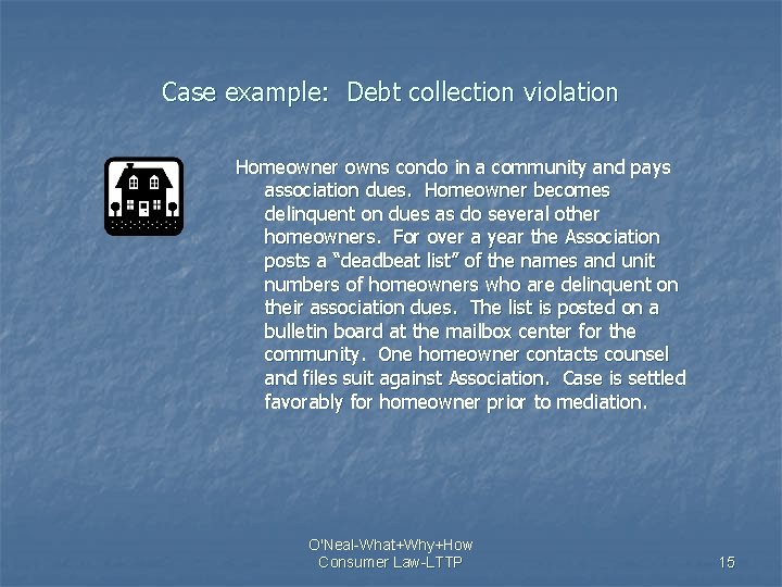 Case example: Debt collection violation Homeowner owns condo in a community and pays association