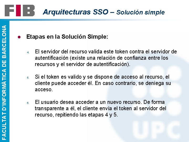 FACULTAT D’INFORMÀTICA DE BARCELONA Arquitecturas SSO – Solución simple l Etapas en la Solución