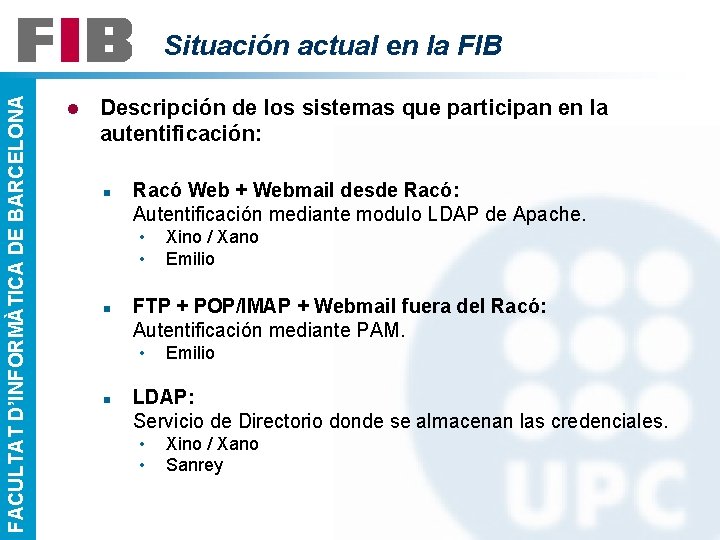 FACULTAT D’INFORMÀTICA DE BARCELONA Situación actual en la FIB l Descripción de los sistemas