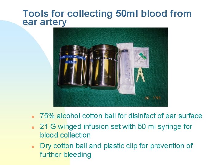 Tools for collecting 50 ml blood from ear artery n n n 75% alcohol