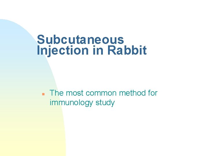 Subcutaneous Injection in Rabbit n The most common method for immunology study 