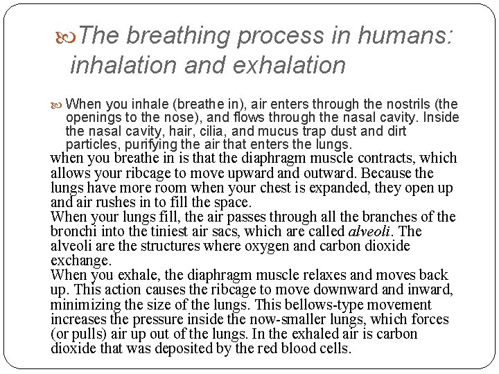  The breathing process in humans: inhalation and exhalation When you inhale (breathe in),