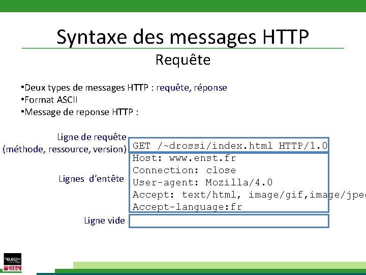 Syntaxe des messages HTTP Requête • Deux types de messages HTTP : requête, réponse