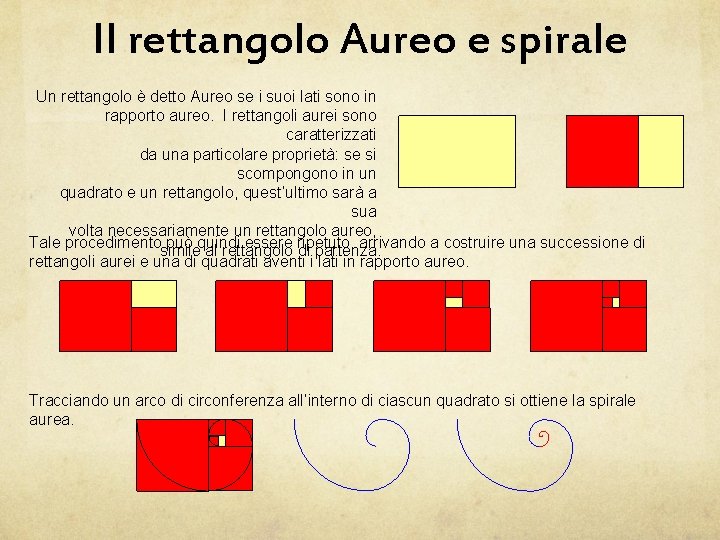 Il rettangolo Aureo e spirale Un rettangolo è detto Aureo se i suoi lati