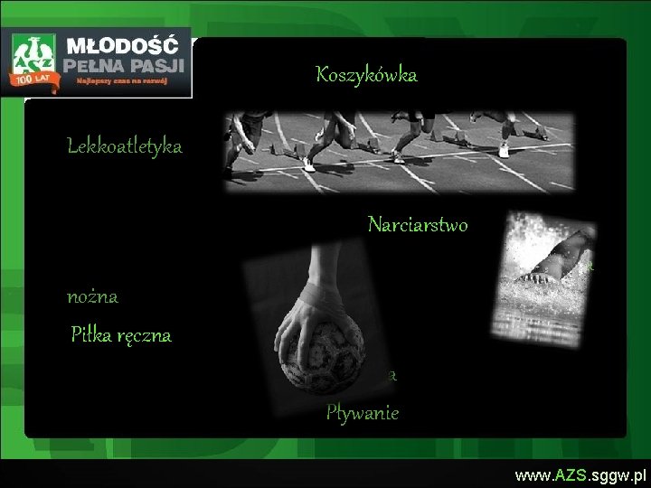 Koszykówka Lekkoatletyka Narciarstwo Piłka nożna Piłka ręczna Piłka siatkowa Pływanie www. AZS. sggw. pl