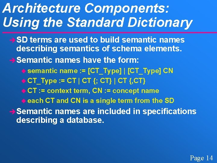 Architecture Components: Using the Standard Dictionary è SD terms are used to build semantic