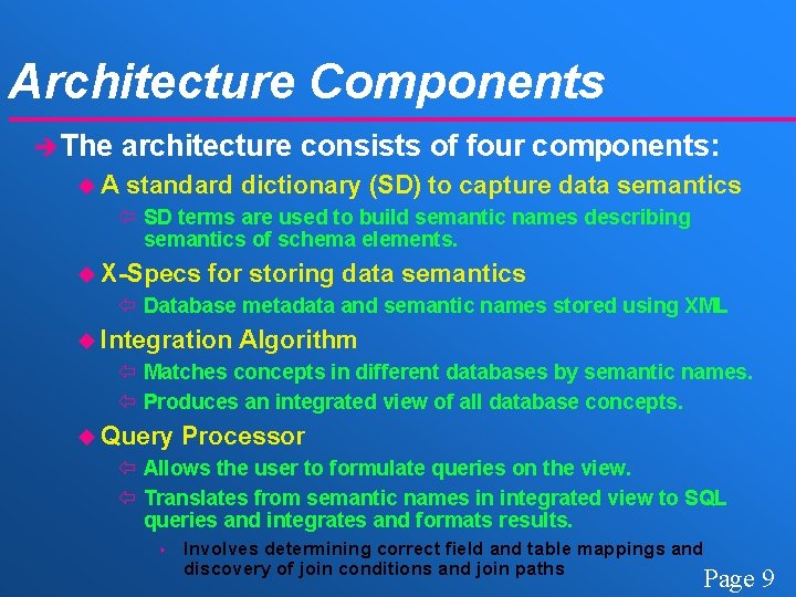 Architecture Components è The architecture consists of four components: u. A standard dictionary (SD)