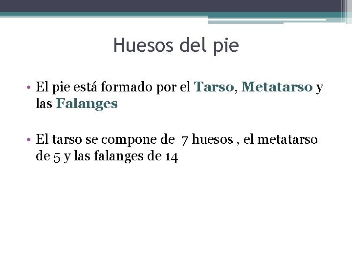 Huesos del pie • El pie está formado por el Tarso, Metatarso y las