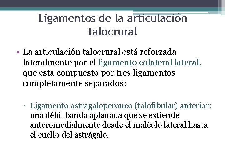 Ligamentos de la articulación talocrural • La articulación talocrural está reforzada lateralmente por el
