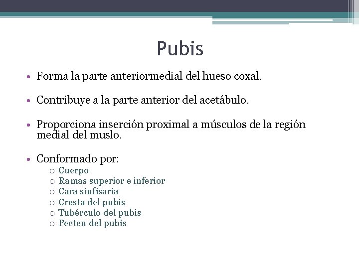 Pubis • Forma la parte anteriormedial del hueso coxal. • Contribuye a la parte