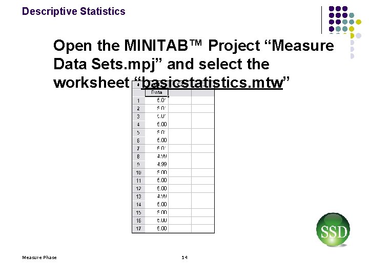 Descriptive Statistics Open the MINITAB™ Project “Measure Data Sets. mpj” and select the worksheet