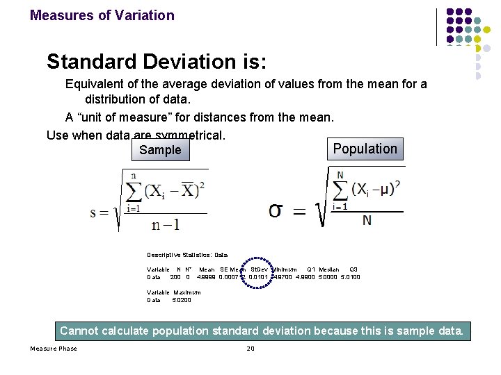 Measures of Variation Standard Deviation is: Equivalent of the average deviation of values from