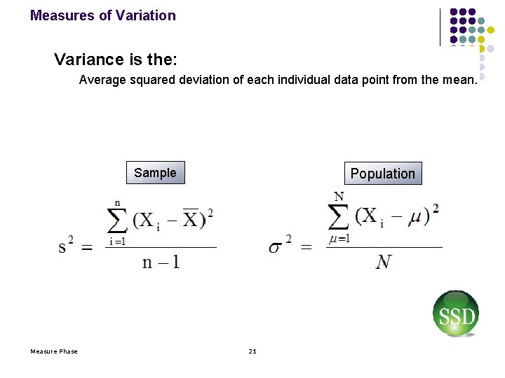 Measures of Variation Variance is the: Average squared deviation of each individual data point