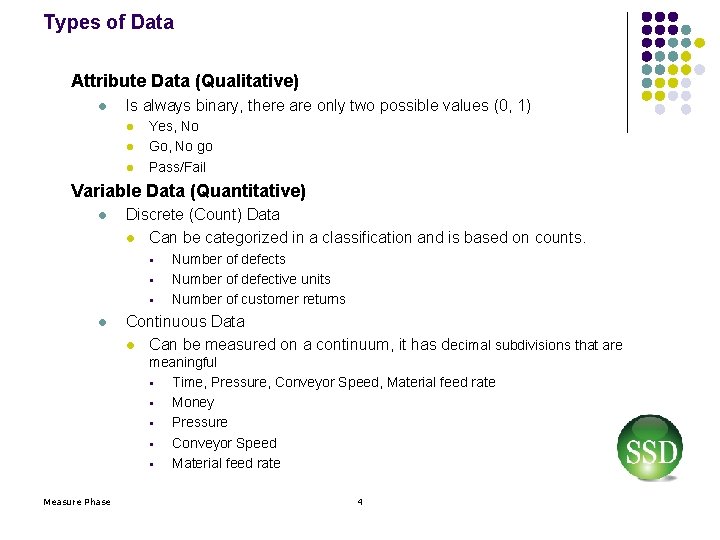 Types of Data Attribute Data (Qualitative) l Is always binary, there are only two