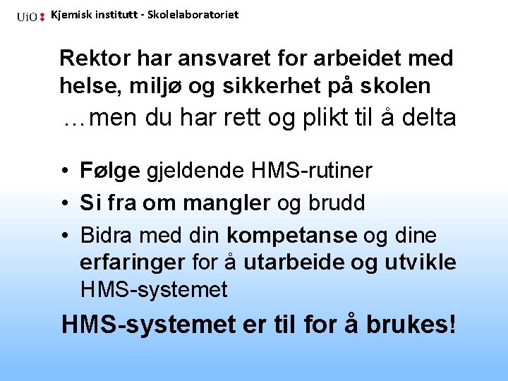 Kjemisk institutt - Skolelaboratoriet Rektor har ansvaret for arbeidet med helse, miljø og sikkerhet