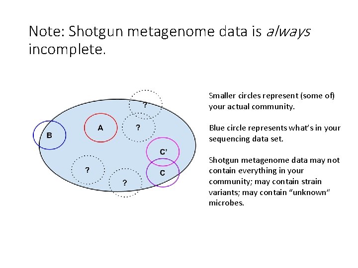 Note: Shotgun metagenome data is always incomplete. Smaller circles represent (some of) your actual