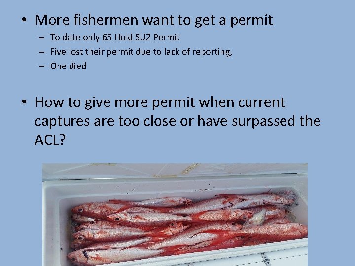  • More fishermen want to get a permit – To date only 65