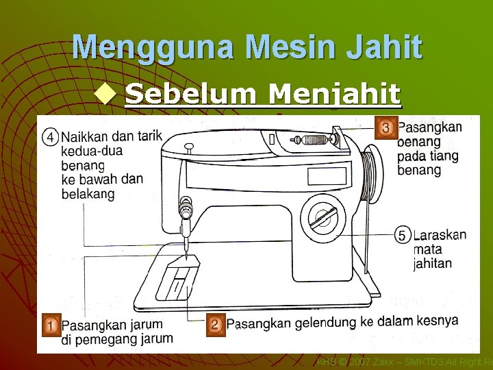 Mengguna Mesin Jahit u Sebelum Menjahit KHB © 2007 Zaxx – SMKTD 3 All