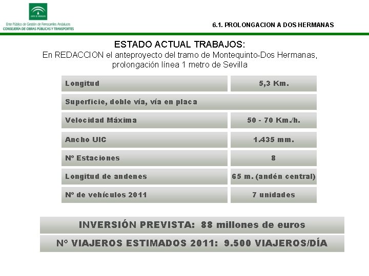 6. 1. PROLONGACION A DOS HERMANAS ESTADO ACTUAL TRABAJOS: En REDACCION el anteproyecto del