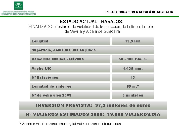 6. 1. PROLONGACION A ALCALÁ DE GUADAIRA ESTADO ACTUAL TRABAJOS: FINALIZADO el estudio de