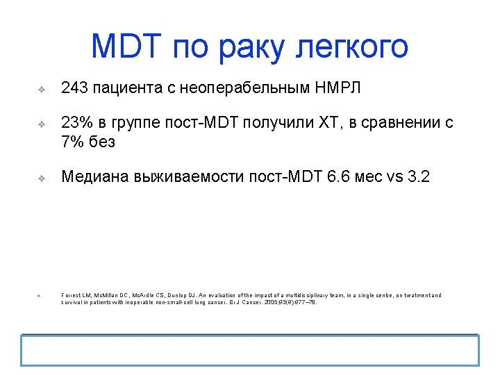 MDT по раку легкого ❖ ❖ 243 пациента с неоперабельным НМРЛ 23% в группе