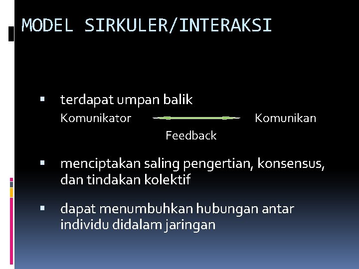 MODEL SIRKULER/INTERAKSI terdapat umpan balik Komunikator Komunikan Feedback menciptakan saling pengertian, konsensus, dan tindakan