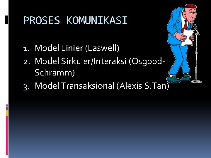 PROSES KOMUNIKASI 1. Model Linier (Laswell) 2. Model Sirkuler/Interaksi (Osgood. Schramm) 3. Model Transaksional