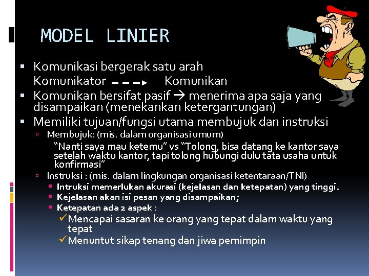 MODEL LINIER Komunikasi bergerak satu arah Komunikator Komunikan bersifat pasif menerima apa saja yang