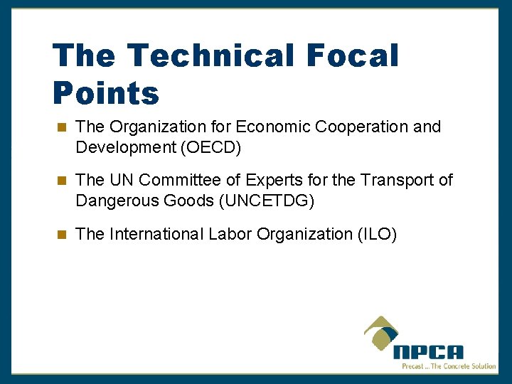 The Technical Focal Points The Organization for Economic Cooperation and Development (OECD) The UN