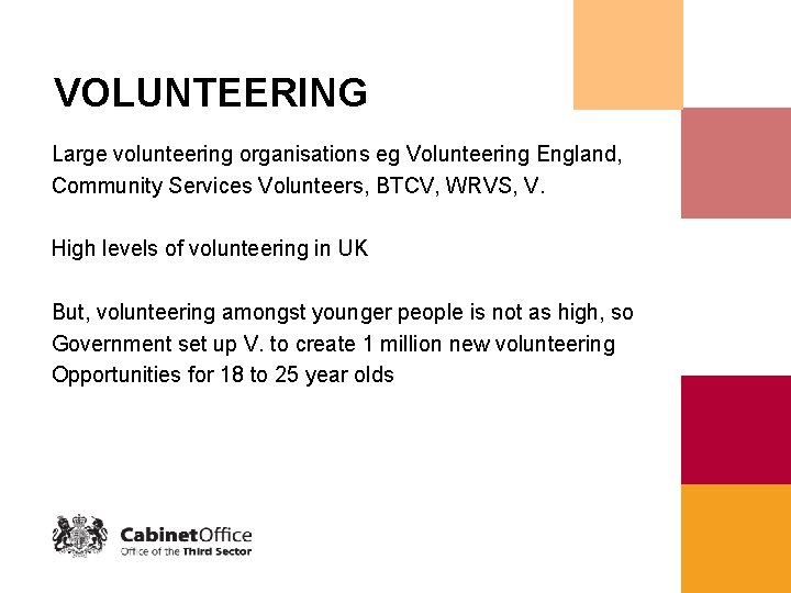 VOLUNTEERING Large volunteering organisations eg Volunteering England, Community Services Volunteers, BTCV, WRVS, V. High