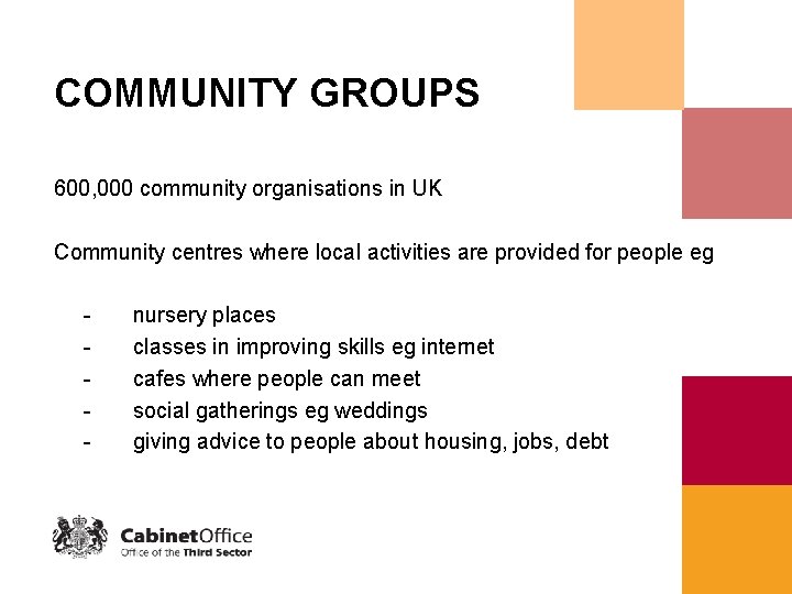 COMMUNITY GROUPS 600, 000 community organisations in UK Community centres where local activities are