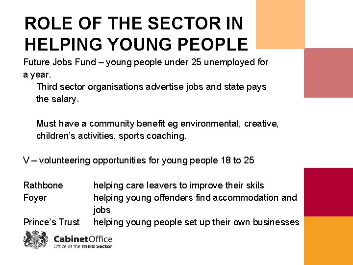 ROLE OF THE SECTOR IN HELPING YOUNG PEOPLE Future Jobs Fund – young people