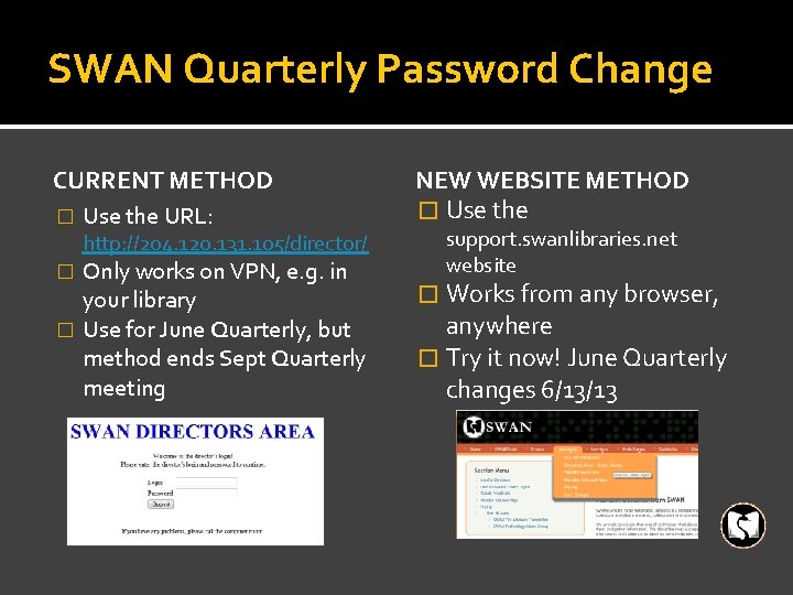 SWAN Quarterly Password Change CURRENT METHOD � Use the URL: http: //204. 120. 131.