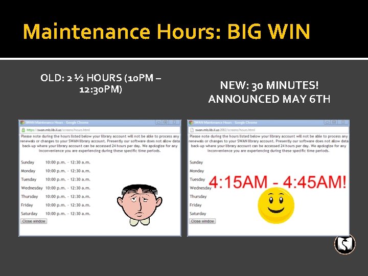 Maintenance Hours: BIG WIN OLD: 2 ½ HOURS (10 PM – 12: 30 PM)