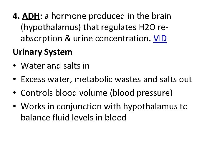 4. ADH: a hormone produced in the brain (hypothalamus) that regulates H 2 O