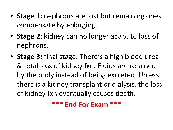  • Stage 1: nephrons are lost but remaining ones compensate by enlarging. •