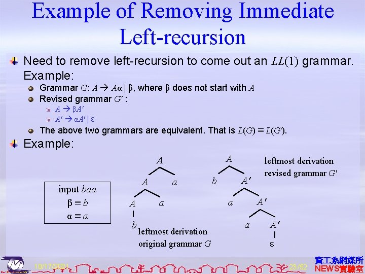 Example of Removing Immediate Left-recursion Need to remove left-recursion to come out an LL(1)