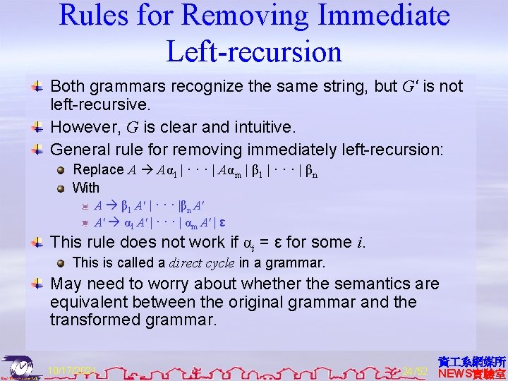 Rules for Removing Immediate Left-recursion Both grammars recognize the same string, but G' is