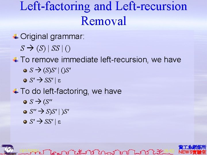 Left-factoring and Left-recursion Removal Original grammar: S (S) | SS | () To remove