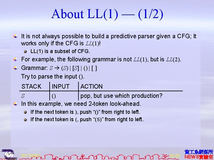 About LL(1) — (1/2) It is not always possible to build a predictive parser